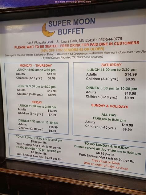Oct 21, 2012 · <strong>Super Moon Buffet</strong>: What a treat! - See 132 traveller reviews, 17 candid photos, and great deals for Saint Louis Park, MN, at Tripadvisor. . Super moon buffet price